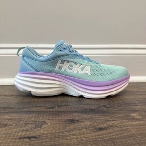 Hoka One One Bondi 8 Airy Blue Sunlit Ocean and Purple Running Shoes size 10.5